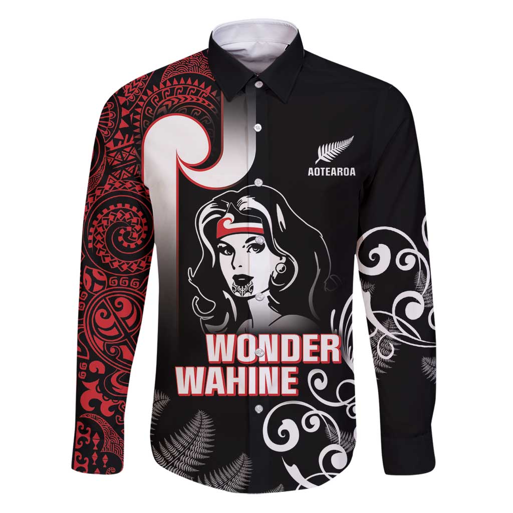 New Zealand Aotearoa Mana Wahine Family Matching Puletasi and Hawaiian Shirt LT05 Dad's Shirt - Long Sleeve Black - Polynesian Pride