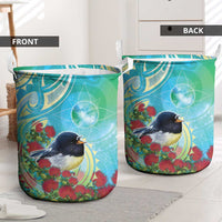 New Zealand Tomtit Laundry Basket Maori Koru With Pohutukawa Galaxy Style - Polynesian Pride