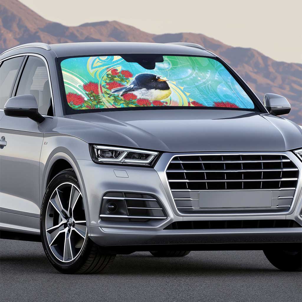 New Zealand Tomtit Auto Sun Shade Maori Koru With Pohutukawa Galaxy Style - Polynesian Pride