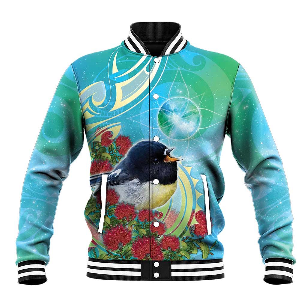 New Zealand Tomtit Baseball Jacket Maori Koru With Pohutukawa Galaxy Style - Polynesian Pride