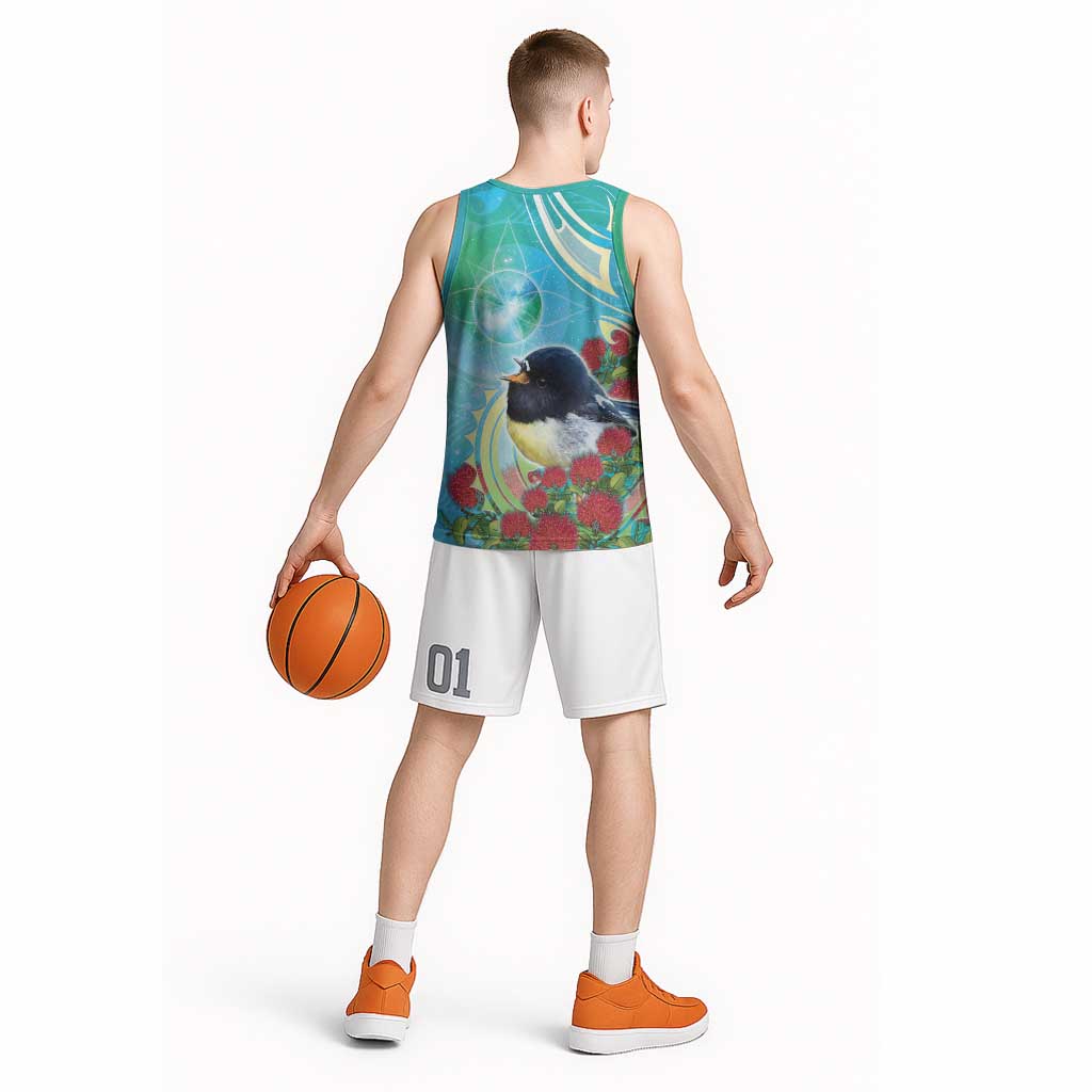 New Zealand Tomtit Basketball Jersey Maori Koru With Pohutukawa Galaxy Style - Polynesian Pride