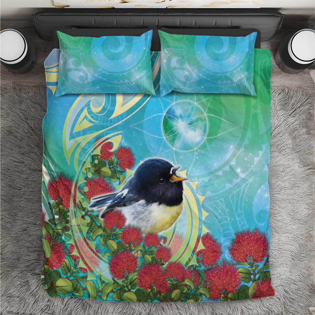 New Zealand Tomtit Bedding Set Maori Koru With Pohutukawa Galaxy Style - Polynesian Pride