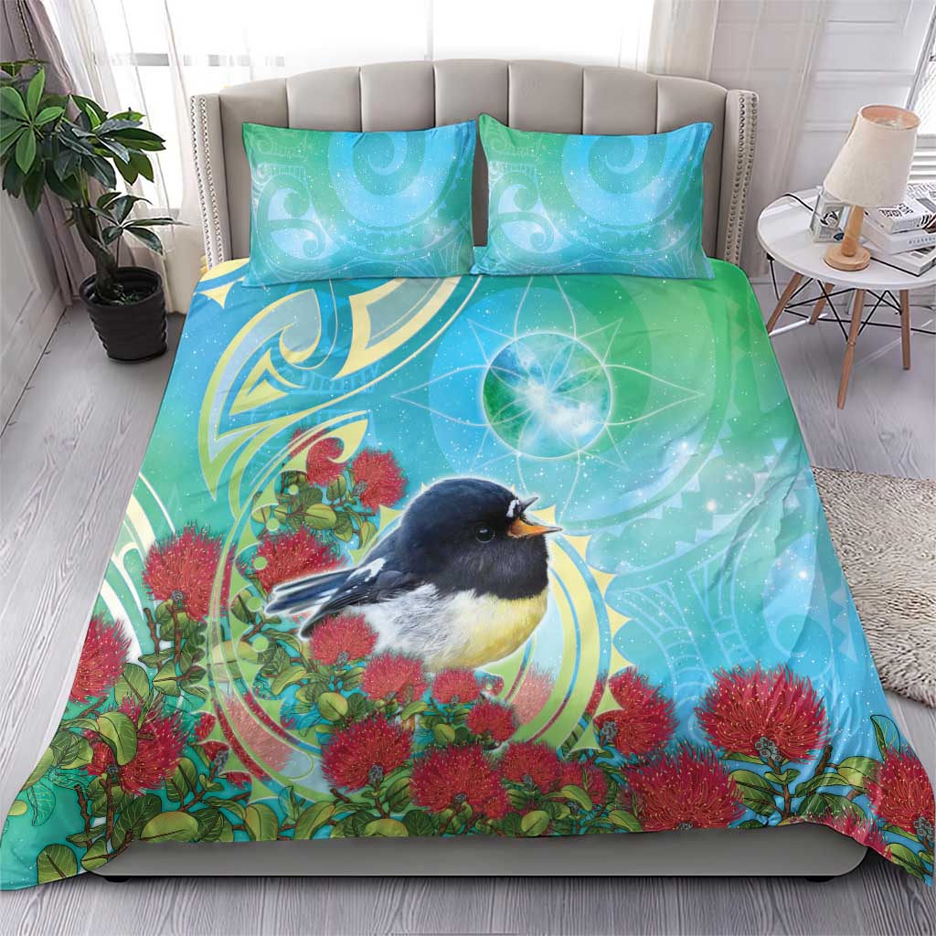 New Zealand Tomtit Bedding Set Maori Koru With Pohutukawa Galaxy Style - Polynesian Pride