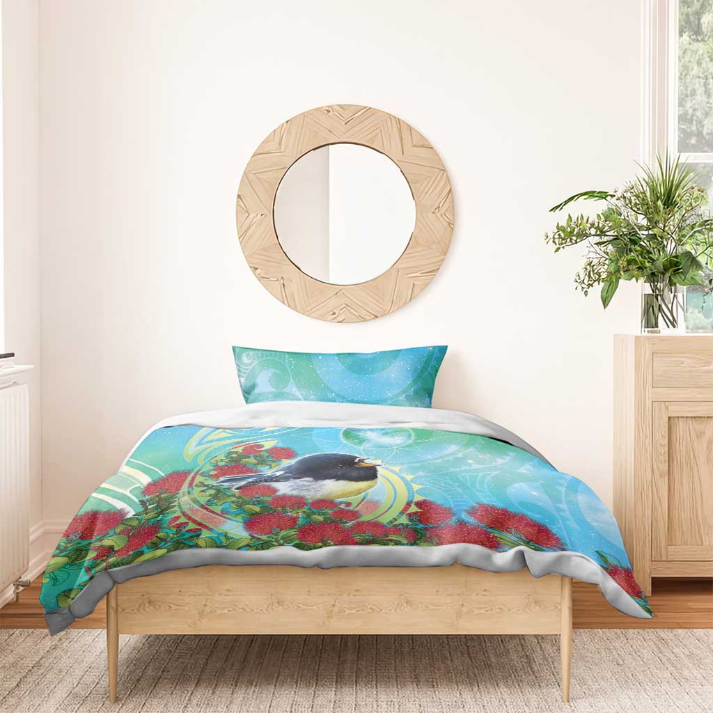 New Zealand Tomtit Bedding Set Maori Koru With Pohutukawa Galaxy Style - Polynesian Pride