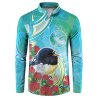 New Zealand Tomtit Button Sweatshirt Maori Koru With Pohutukawa Galaxy Style - Polynesian Pride