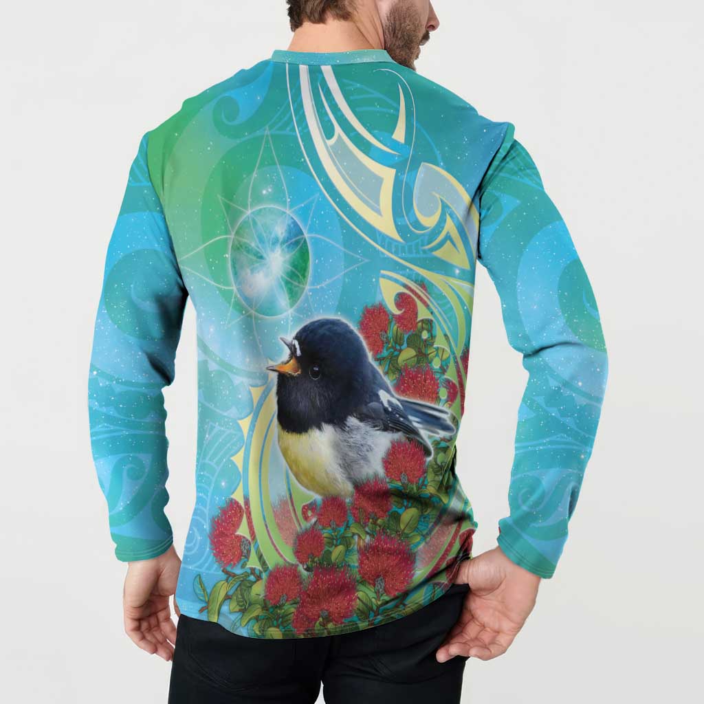 New Zealand Tomtit Button Sweatshirt Maori Koru With Pohutukawa Galaxy Style - Polynesian Pride
