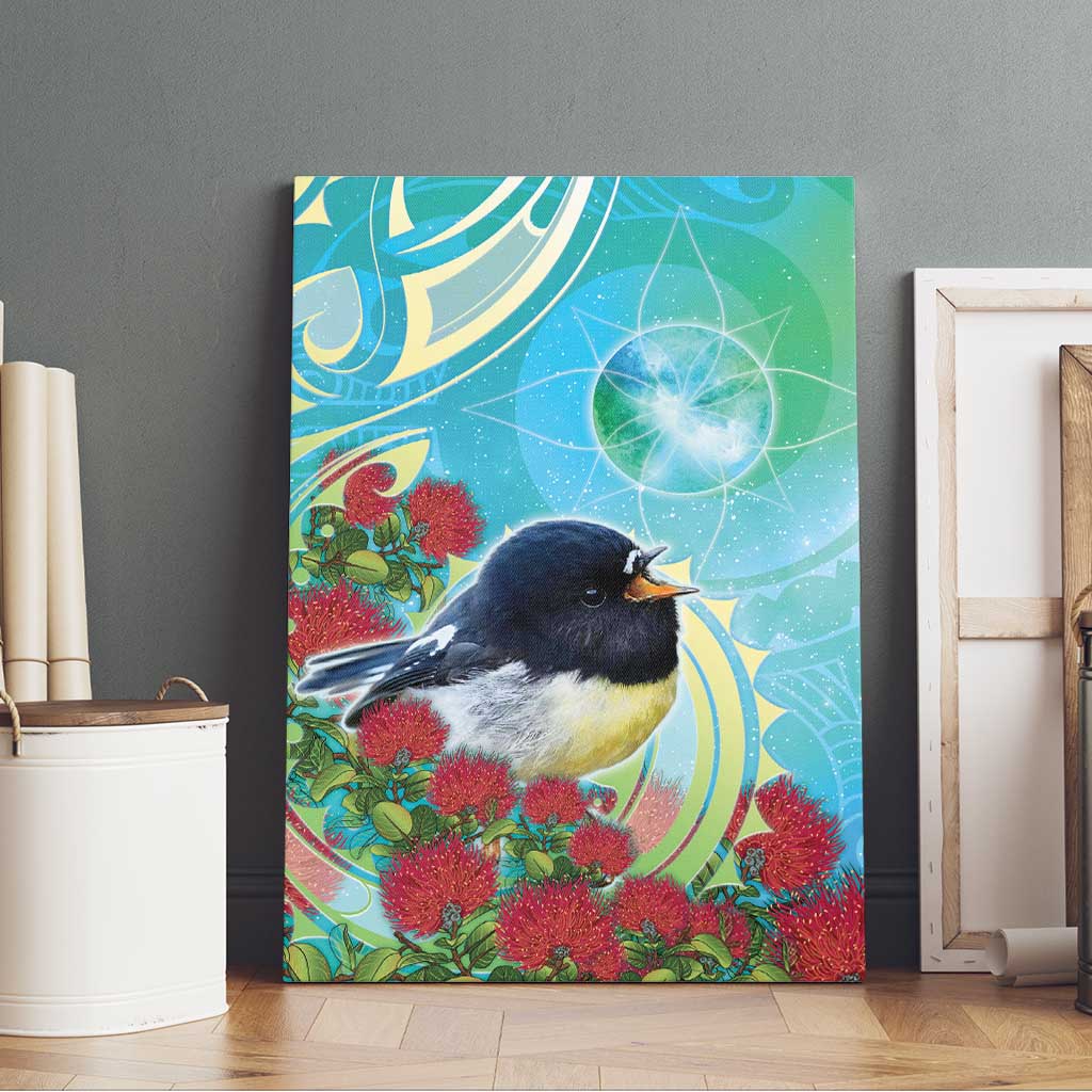 New Zealand Tomtit Canvas Wall Art Maori Koru With Pohutukawa Galaxy Style - Polynesian Pride