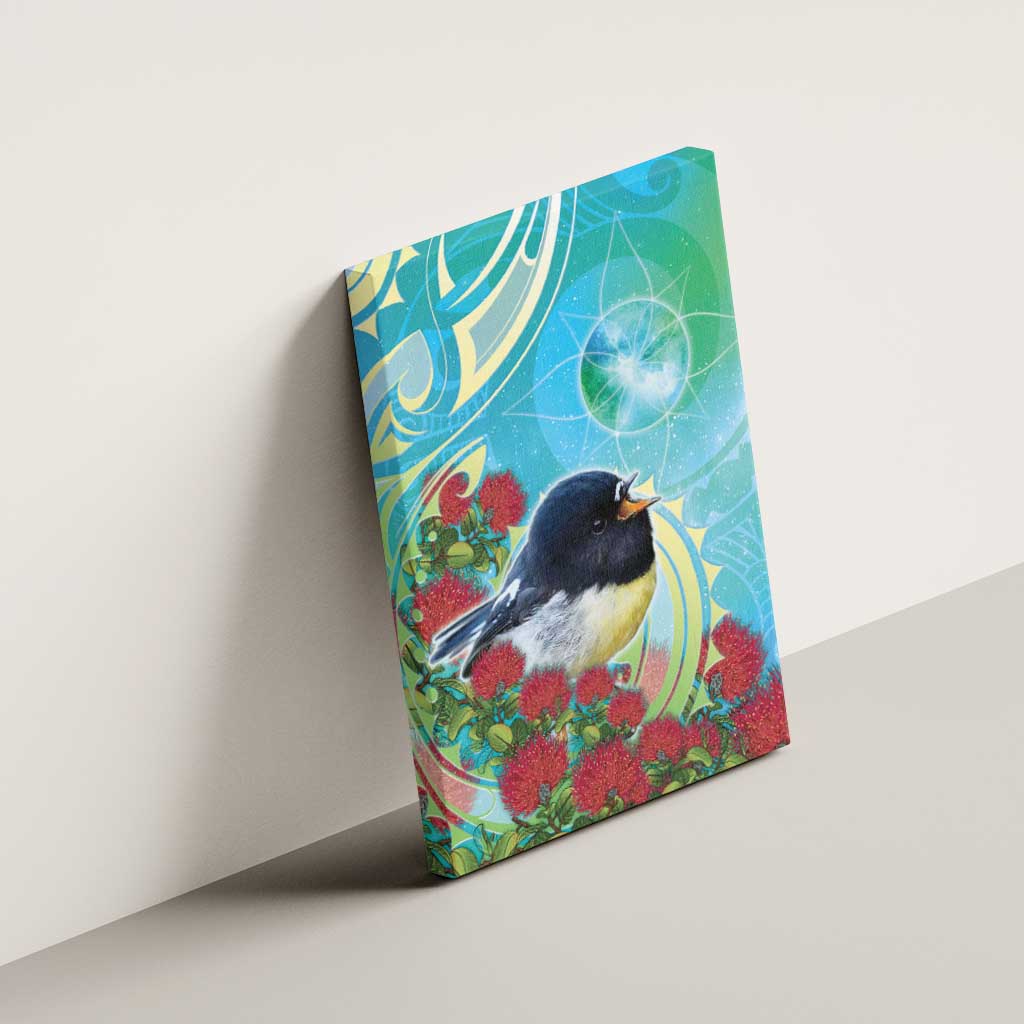 New Zealand Tomtit Canvas Wall Art Maori Koru With Pohutukawa Galaxy Style - Polynesian Pride