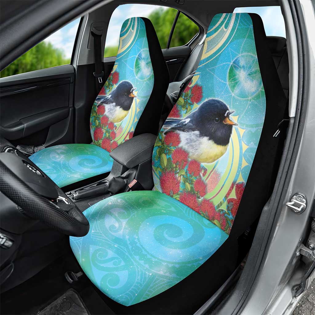New Zealand Tomtit Car Seat Cover Maori Koru With Pohutukawa Galaxy Style - Polynesian Pride