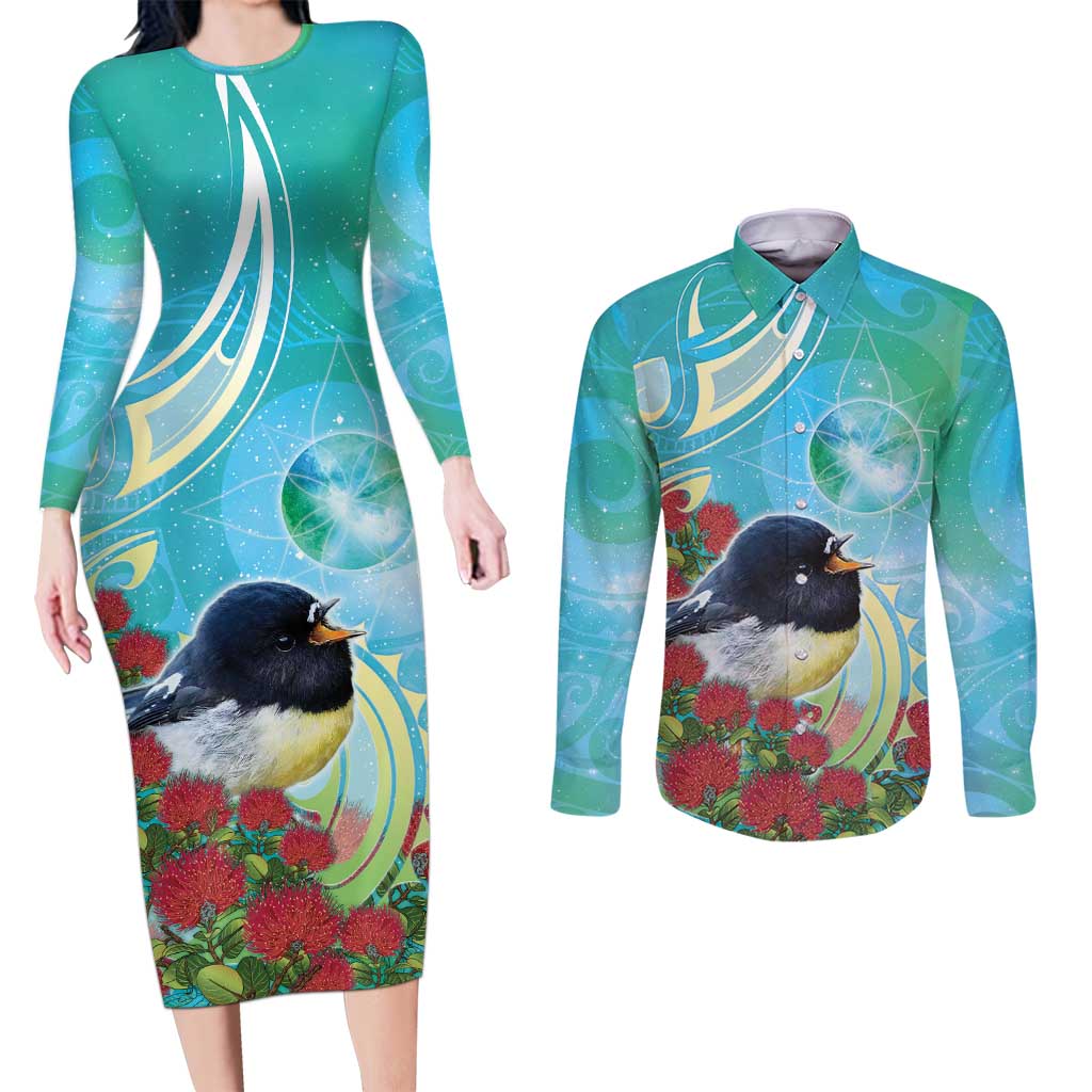 New Zealand Tomtit Couples Matching Long Sleeve Bodycon Dress and Long Sleeve Button Shirt Maori Koru With Pohutukawa Galaxy Style - Polynesian Pride