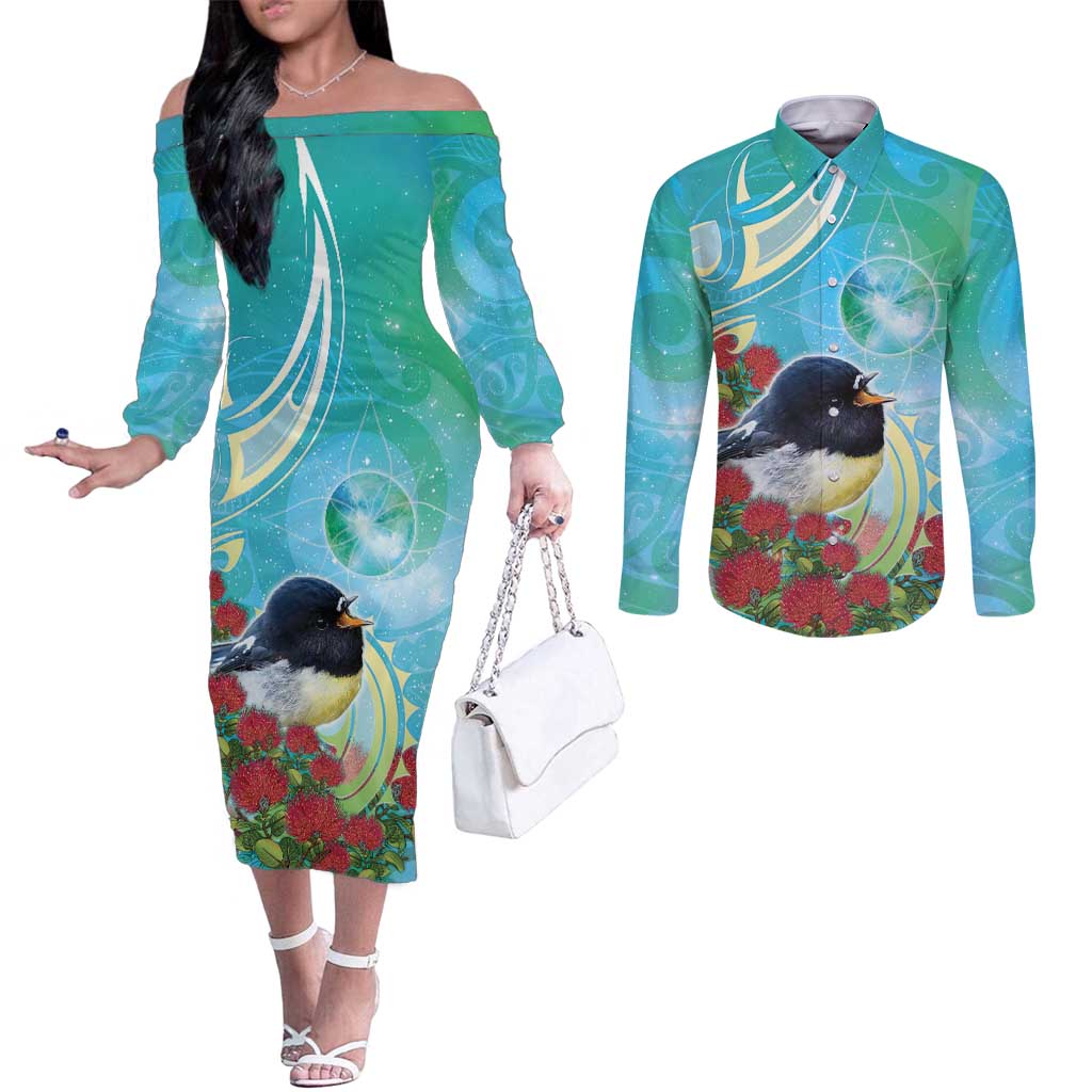 New Zealand Tomtit Couples Matching Off The Shoulder Long Sleeve Dress and Long Sleeve Button Shirt Maori Koru With Pohutukawa Galaxy Style - Polynesian Pride