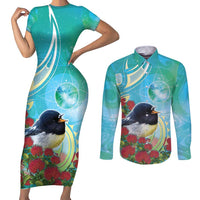New Zealand Tomtit Couples Matching Short Sleeve Bodycon Dress and Long Sleeve Button Shirt Maori Koru With Pohutukawa Galaxy Style - Polynesian Pride