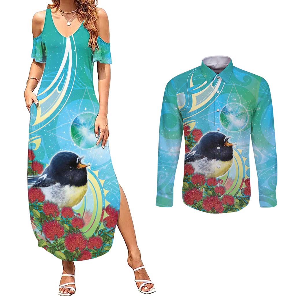 New Zealand Tomtit Couples Matching Summer Maxi Dress and Long Sleeve Button Shirt Maori Koru With Pohutukawa Galaxy Style - Polynesian Pride