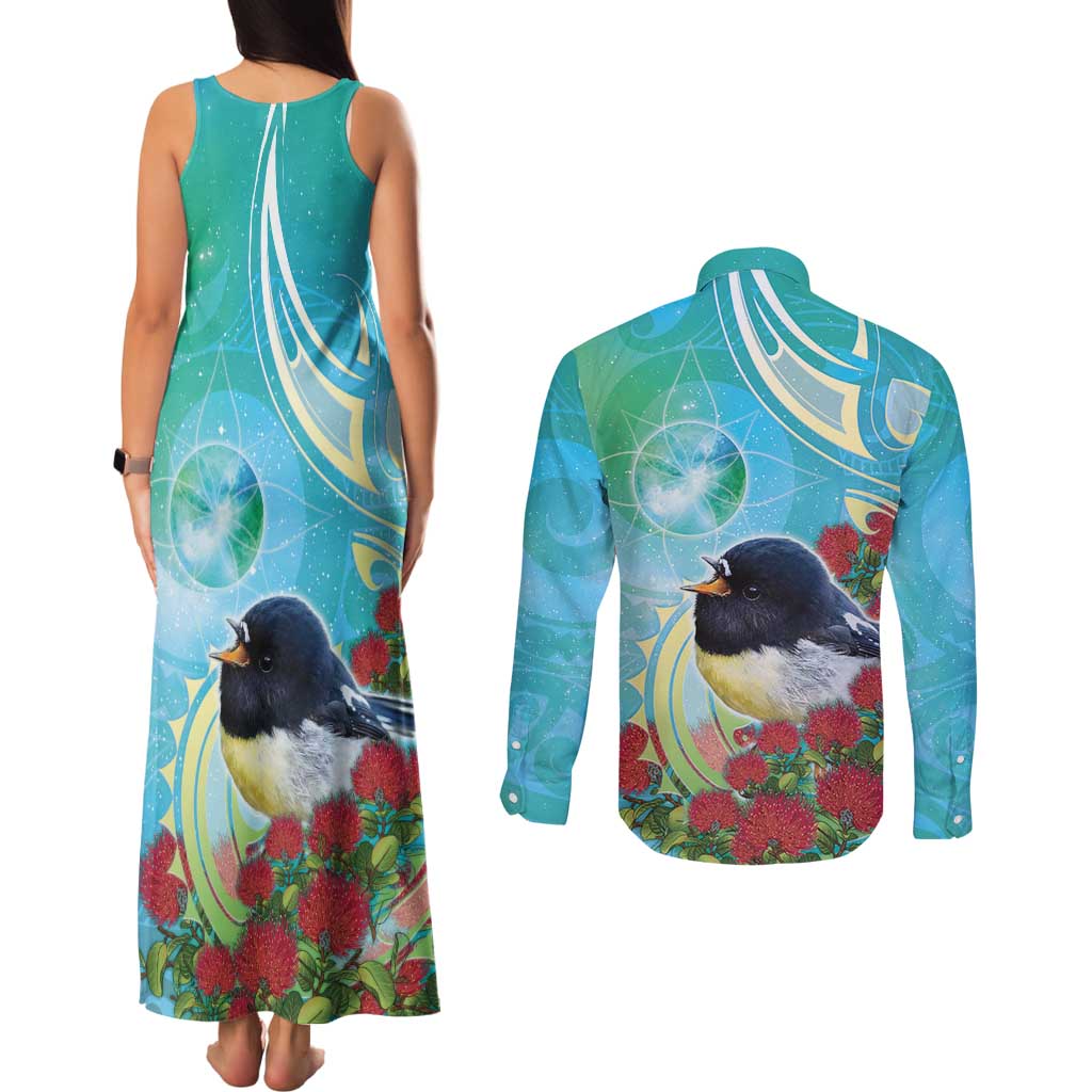 New Zealand Tomtit Couples Matching Tank Maxi Dress and Long Sleeve Button Shirt Maori Koru With Pohutukawa Galaxy Style - Polynesian Pride