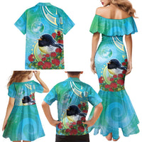 New Zealand Tomtit Family Matching Mermaid Dress and Hawaiian Shirt Maori Koru With Pohutukawa Galaxy Style - Polynesian Pride