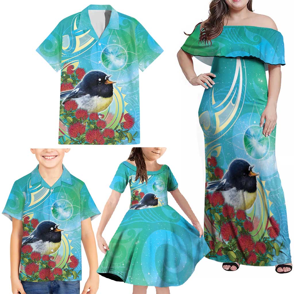 New Zealand Tomtit Family Matching Off Shoulder Maxi Dress and Hawaiian Shirt Maori Koru With Pohutukawa Galaxy Style - Polynesian Pride