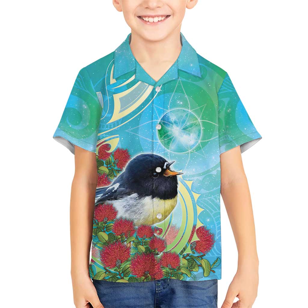 New Zealand Tomtit Family Matching Off Shoulder Maxi Dress and Hawaiian Shirt Maori Koru With Pohutukawa Galaxy Style - Polynesian Pride