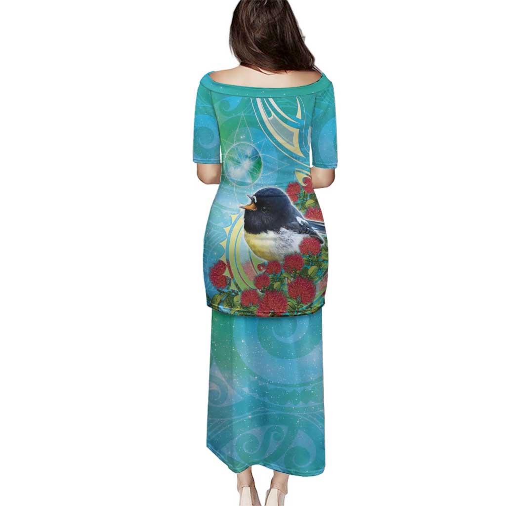 New Zealand Tomtit Family Matching Puletasi and Hawaiian Shirt Maori Koru With Pohutukawa Galaxy Style - Polynesian Pride