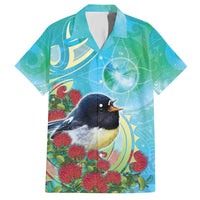New Zealand Tomtit Family Matching Short Sleeve Bodycon Dress and Hawaiian Shirt Maori Koru With Pohutukawa Galaxy Style - Polynesian Pride