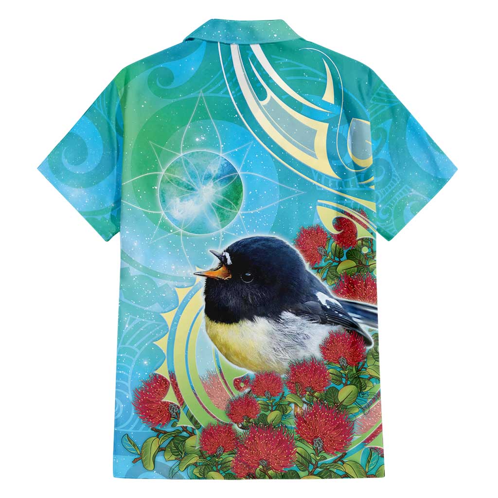 New Zealand Tomtit Family Matching Tank Maxi Dress and Hawaiian Shirt Maori Koru With Pohutukawa Galaxy Style - Polynesian Pride