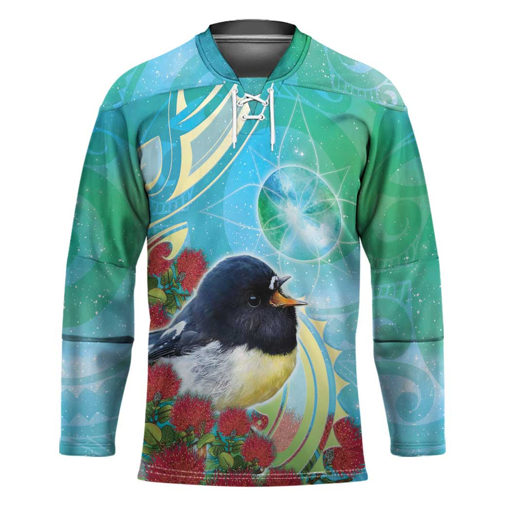 New Zealand Tomtit Hockey Jersey Maori Koru With Pohutukawa Galaxy Style - Polynesian Pride