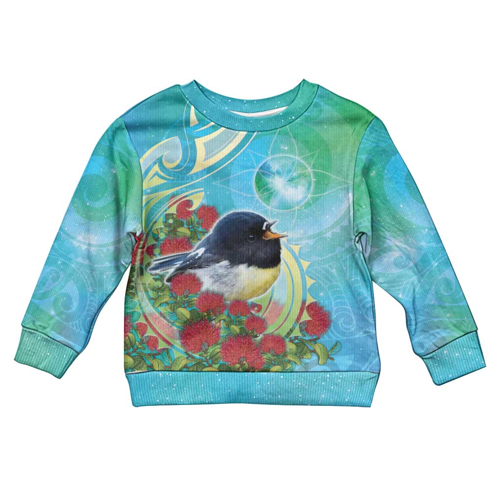 New Zealand Tomtit Kid Ugly Christmas Sweater Maori Koru With Pohutukawa Galaxy Style - Polynesian Pride