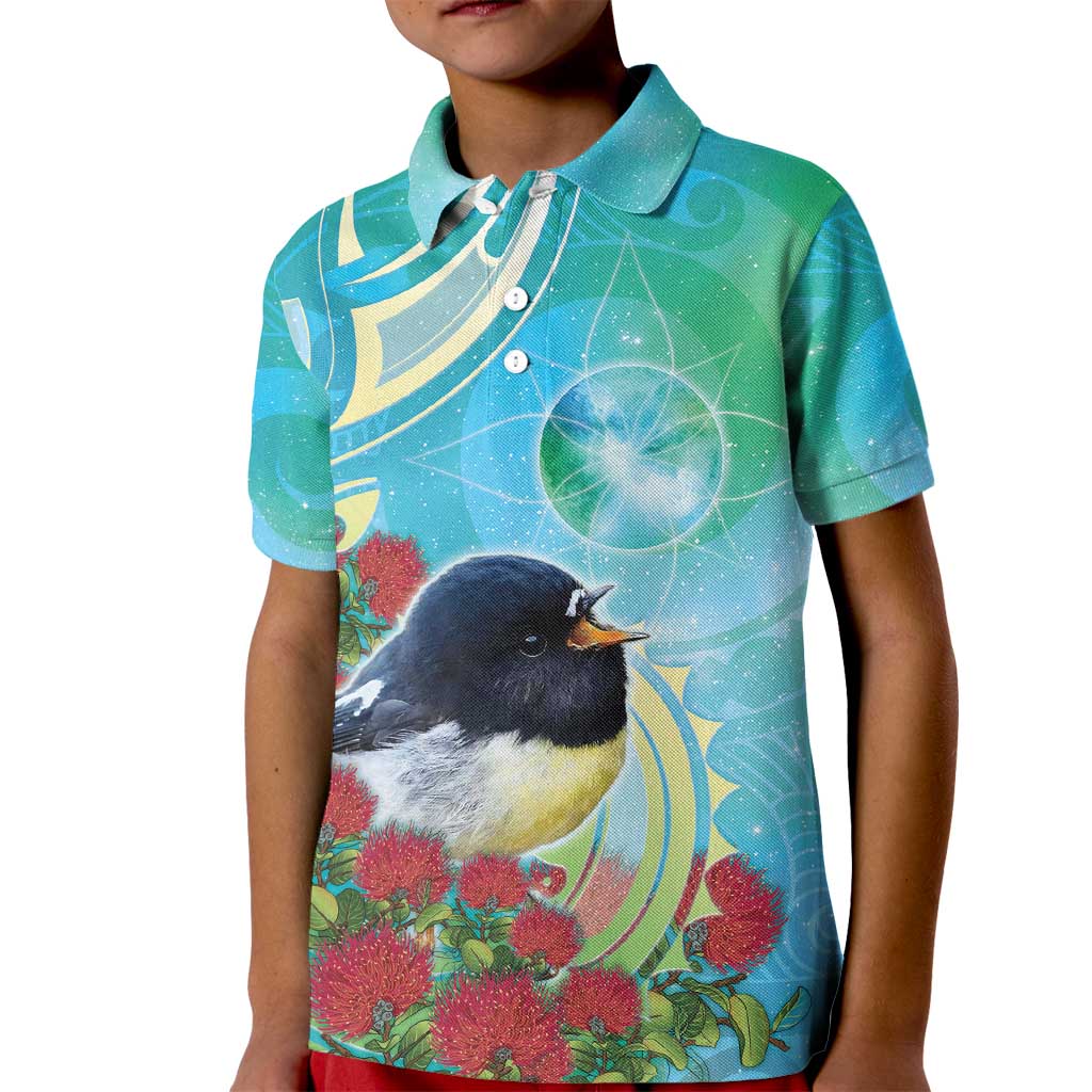 New Zealand Tomtit Kid Polo Shirt Maori Koru With Pohutukawa Galaxy Style - Polynesian Pride