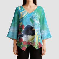 New Zealand Tomtit Kimono Sleeve Blouse Maori Koru With Pohutukawa Galaxy Style - Polynesian Pride