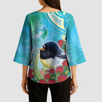 New Zealand Tomtit Kimono Sleeve Blouse Maori Koru With Pohutukawa Galaxy Style - Polynesian Pride