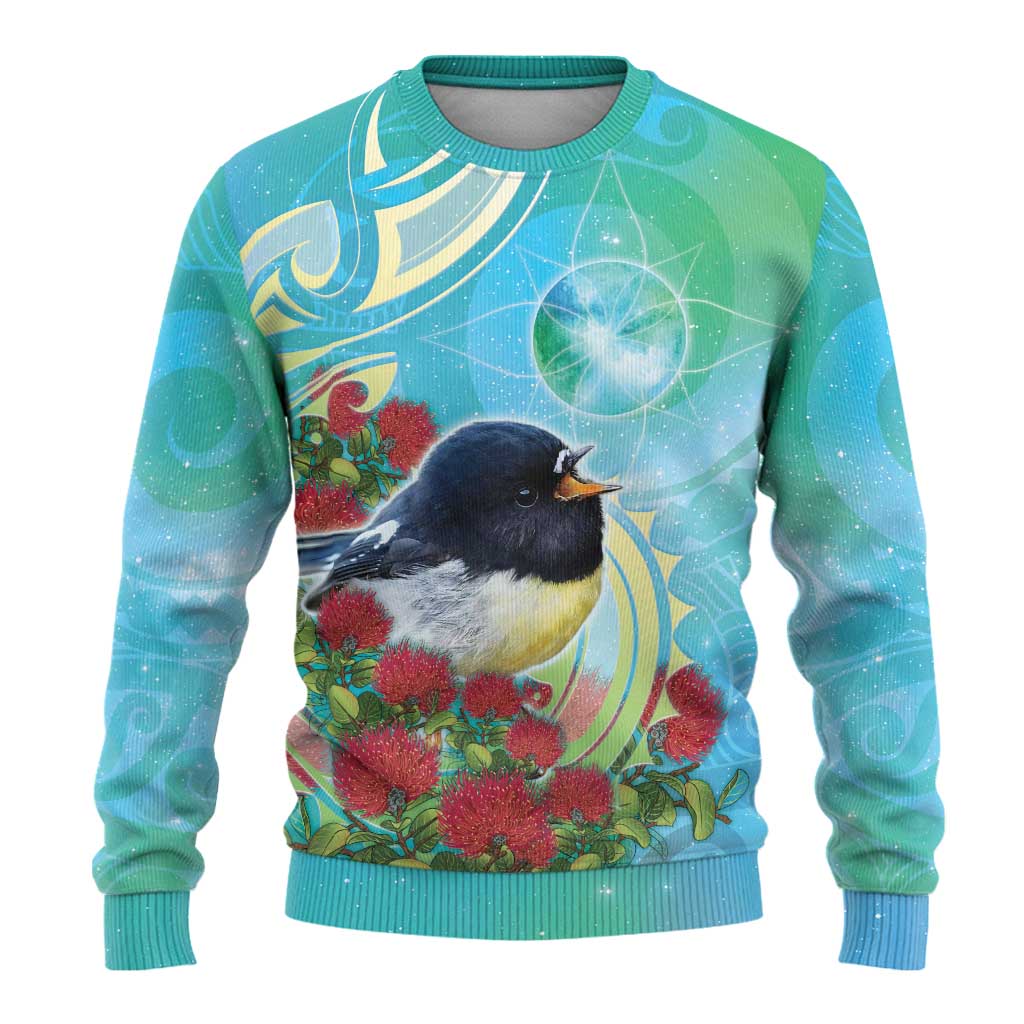 New Zealand Tomtit Ugly Christmas Sweater Maori Koru With Pohutukawa Galaxy Style - Polynesian Pride