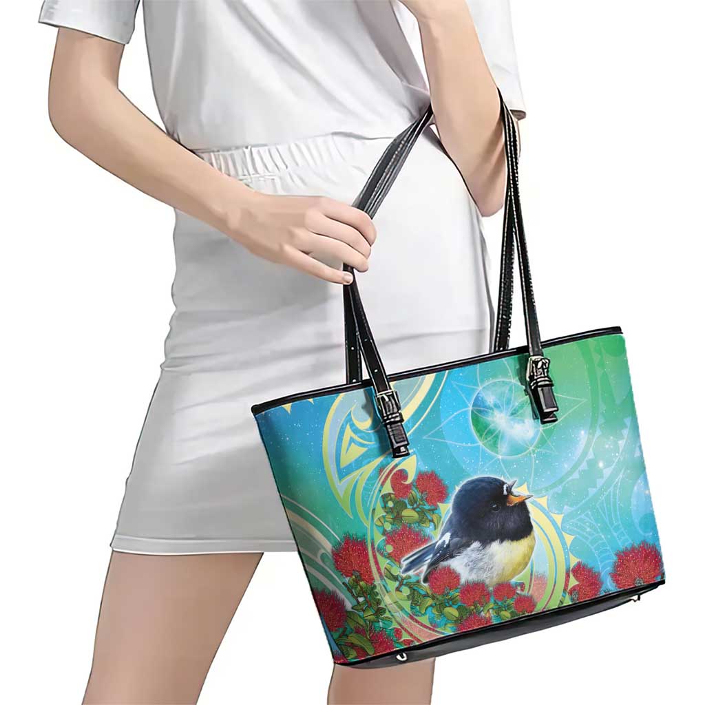 New Zealand Tomtit Leather Tote Bag Maori Koru With Pohutukawa Galaxy Style - Polynesian Pride