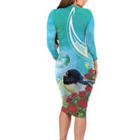 New Zealand Tomtit Long Sleeve Bodycon Dress Maori Koru With Pohutukawa Galaxy Style - Polynesian Pride