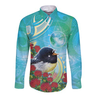 New Zealand Tomtit Long Sleeve Button Shirt Maori Koru With Pohutukawa Galaxy Style - Polynesian Pride