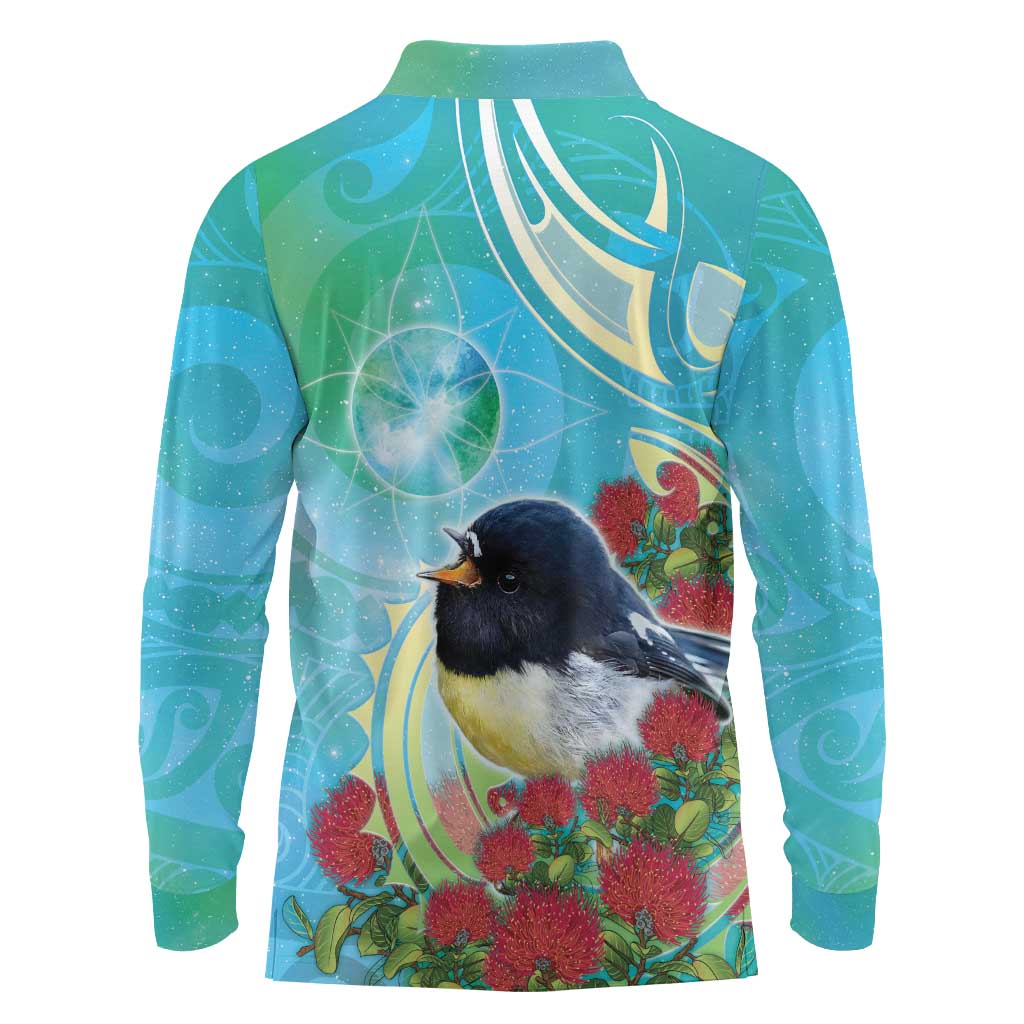 New Zealand Tomtit Long Sleeve Polo Shirt Maori Koru With Pohutukawa Galaxy Style - Polynesian Pride