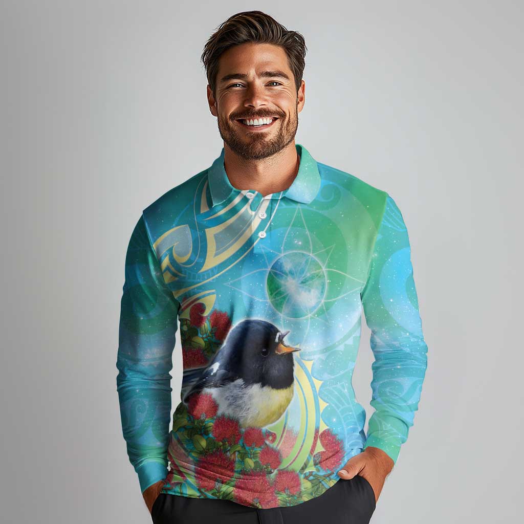 New Zealand Tomtit Long Sleeve Polo Shirt Maori Koru With Pohutukawa Galaxy Style - Polynesian Pride