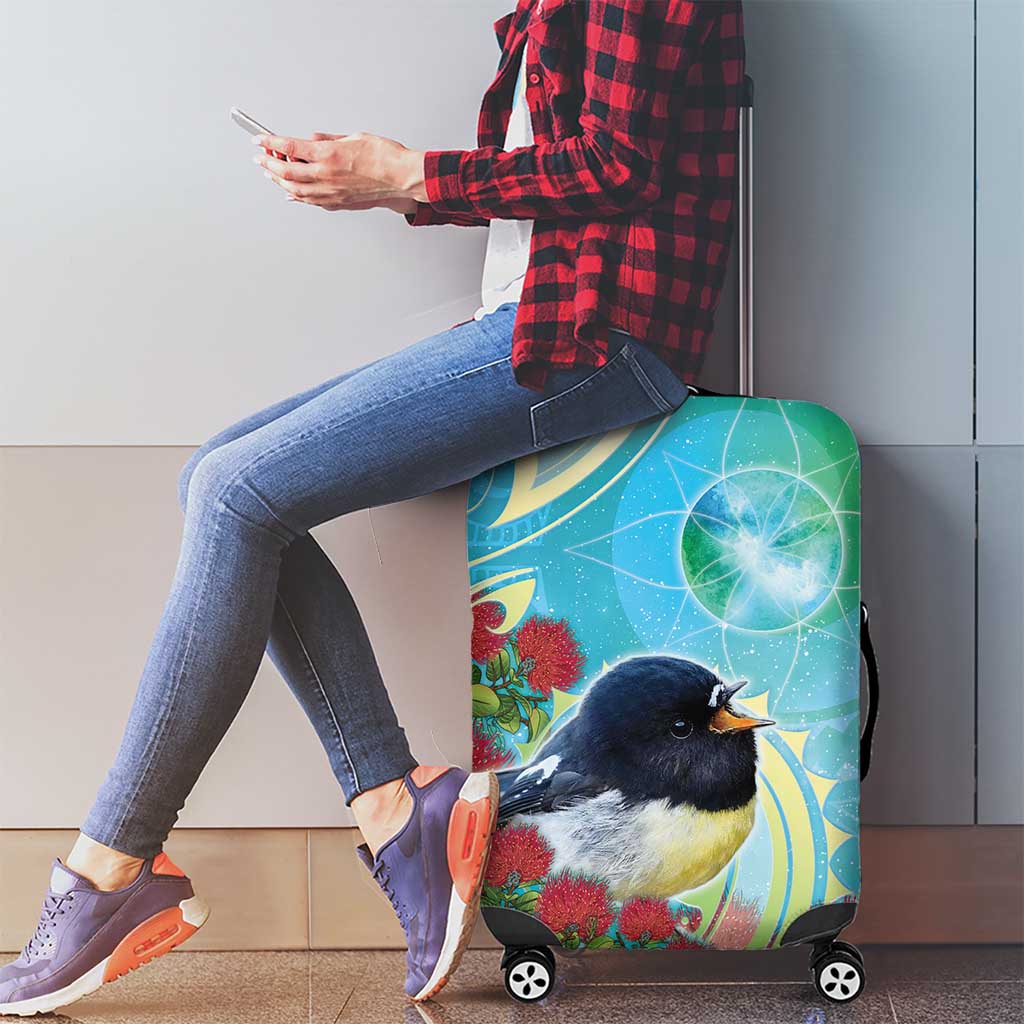 New Zealand Tomtit Luggage Cover Maori Koru With Pohutukawa Galaxy Style - Polynesian Pride