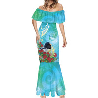 New Zealand Tomtit Mermaid Dress Maori Koru With Pohutukawa Galaxy Style - Polynesian Pride