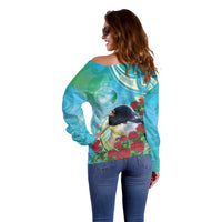 New Zealand Tomtit Off Shoulder Sweater Maori Koru With Pohutukawa Galaxy Style - Polynesian Pride