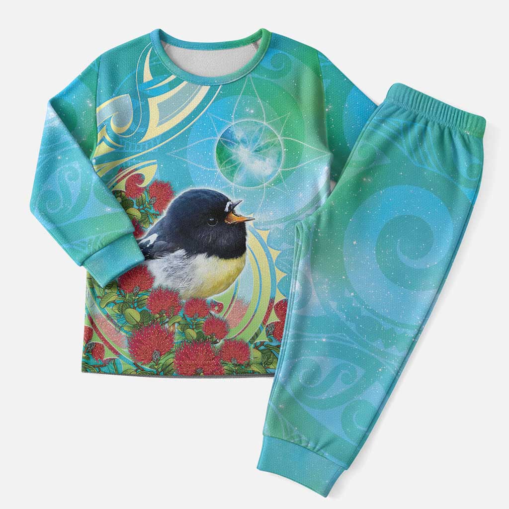 New Zealand Tomtit Christmas Pajama Set Maori Koru With Pohutukawa Galaxy Style - Polynesian Pride