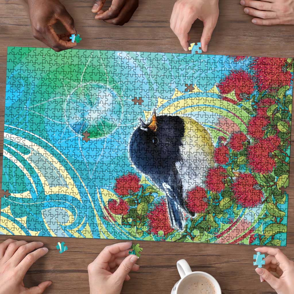 New Zealand Tomtit Puzzle Maori Koru With Pohutukawa Galaxy Style - Polynesian Pride