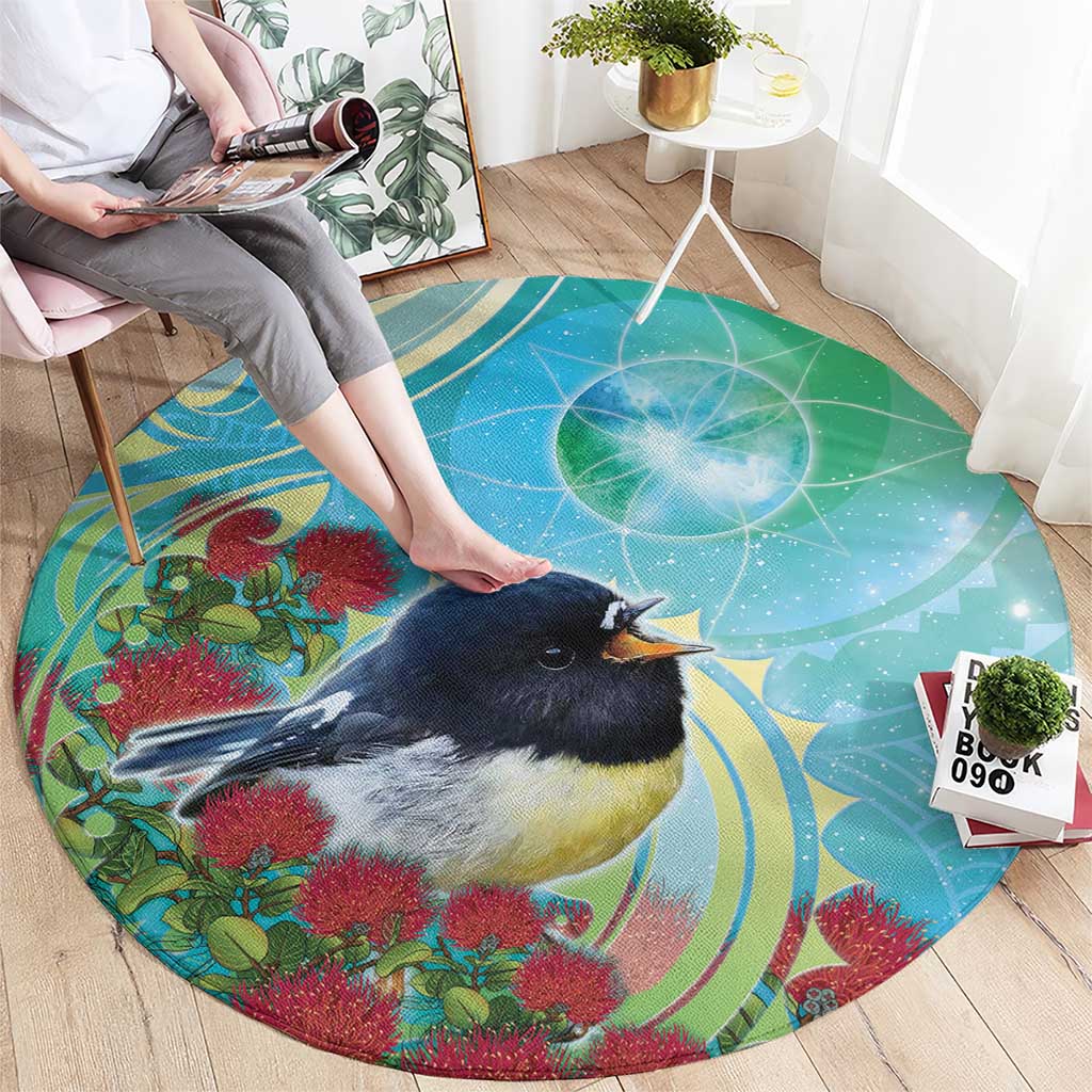 New Zealand Tomtit Round Carpet Maori Koru With Pohutukawa Galaxy Style - Polynesian Pride