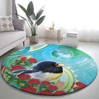 New Zealand Tomtit Round Carpet Maori Koru With Pohutukawa Galaxy Style - Polynesian Pride