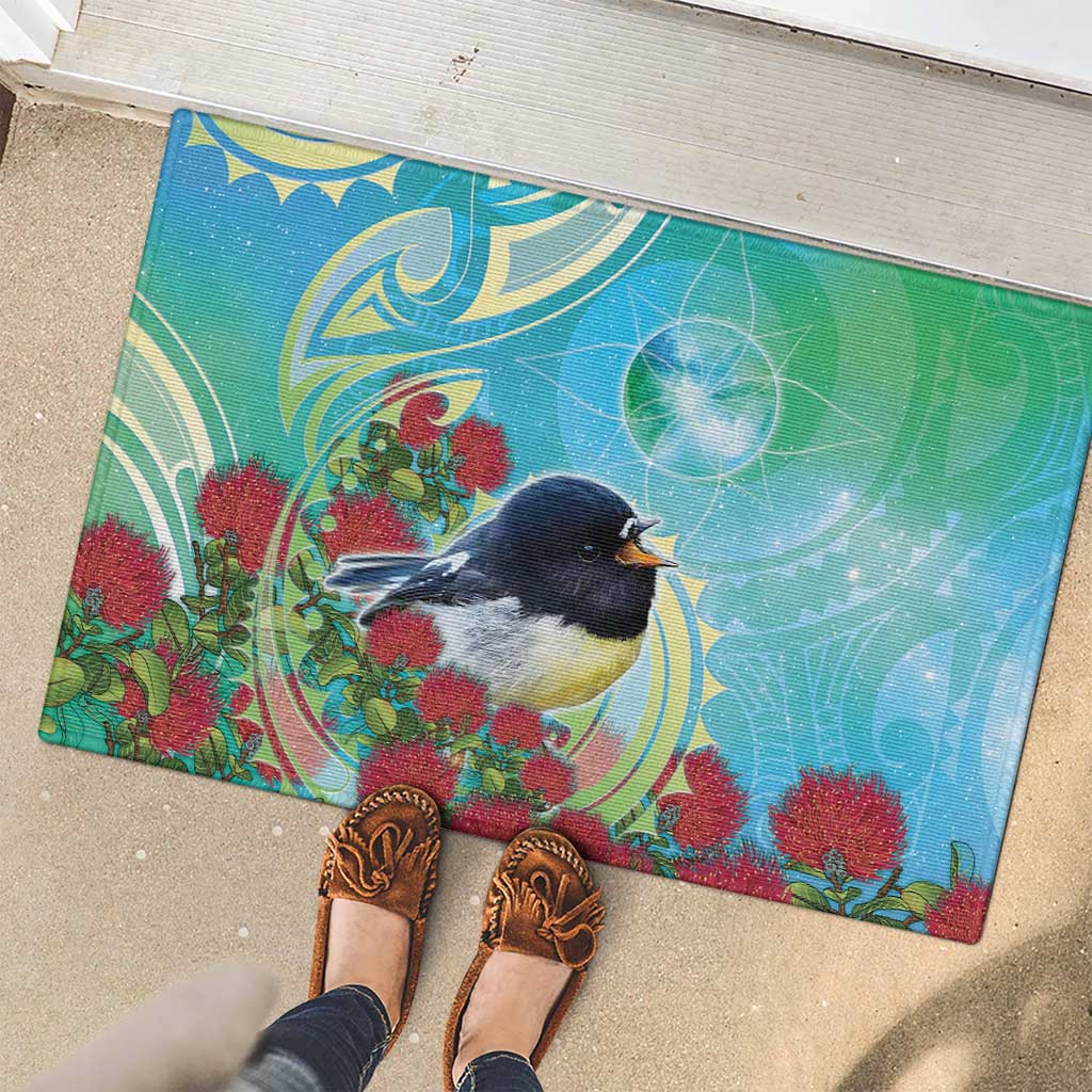 New Zealand Tomtit Rubber Doormat Maori Koru With Pohutukawa Galaxy Style - Polynesian Pride