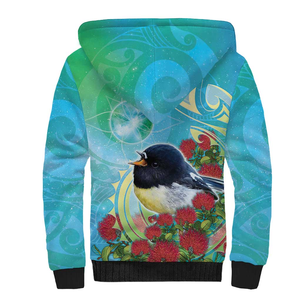 New Zealand Tomtit Sherpa Hoodie Maori Koru With Pohutukawa Galaxy Style - Polynesian Pride