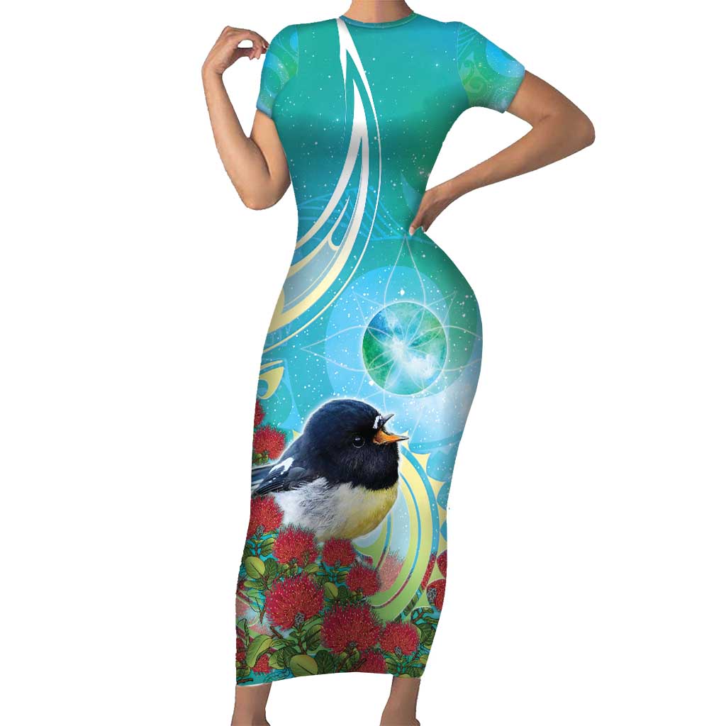 New Zealand Tomtit Short Sleeve Bodycon Dress Maori Koru With Pohutukawa Galaxy Style - Polynesian Pride
