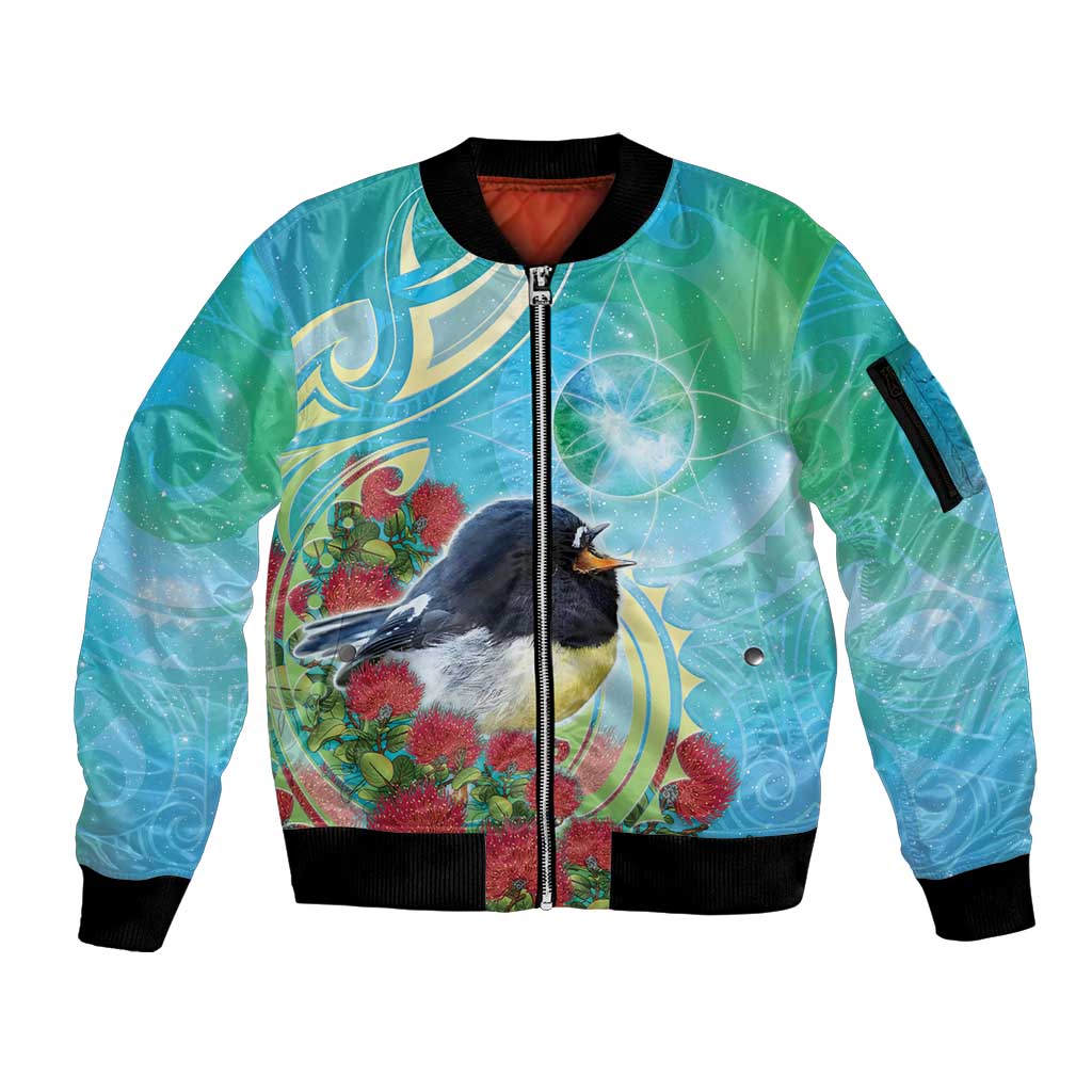 New Zealand Tomtit Sleeve Zip Bomber Jacket Maori Koru With Pohutukawa Galaxy Style - Polynesian Pride