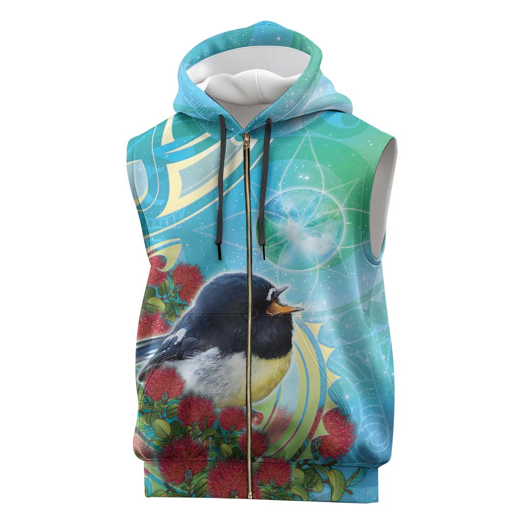 New Zealand Tomtit Sleeveless Zip Hoodie Maori Koru With Pohutukawa Galaxy Style - Polynesian Pride