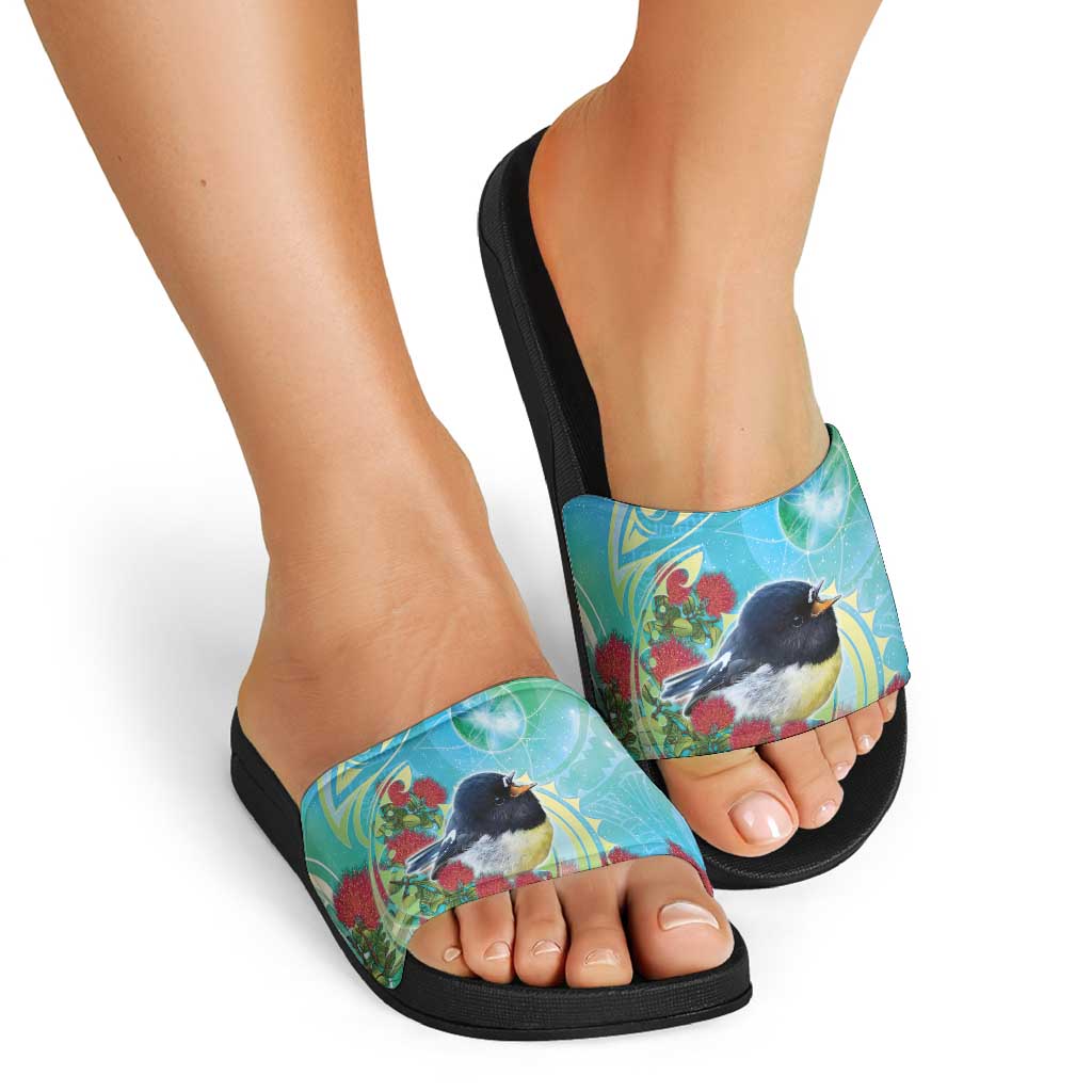 New Zealand Tomtit Slide Sandals Maori Koru With Pohutukawa Galaxy Style - Polynesian Pride