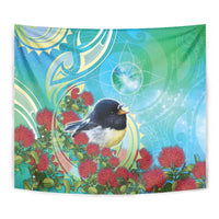 New Zealand Tomtit Tapestry Maori Koru With Pohutukawa Galaxy Style - Polynesian Pride