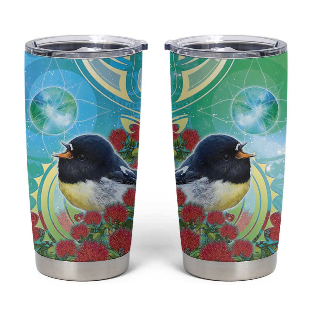 New Zealand Tomtit Tumbler Cup Maori Koru With Pohutukawa Galaxy Style - Polynesian Pride